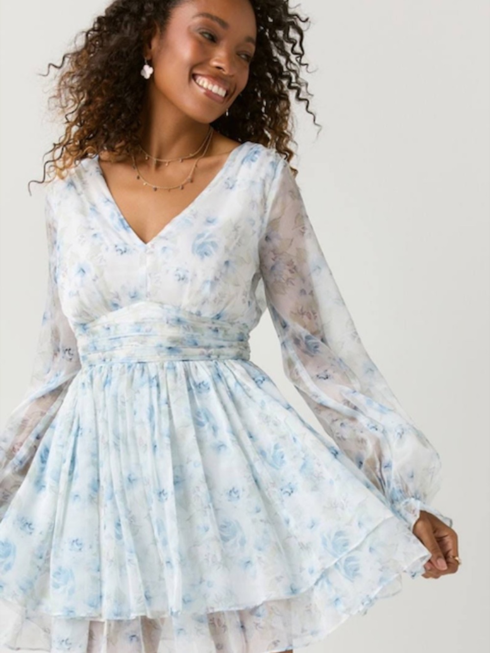 Francesca's Katey Waisted Dusty White and Blue Floral Ruffle Mini Dress